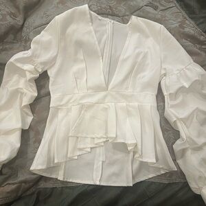 White Ruffled V-Neck Peplum Blouse